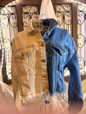 Two-Tone Button-Front Denim Shirt Jacket - Blue & Cream